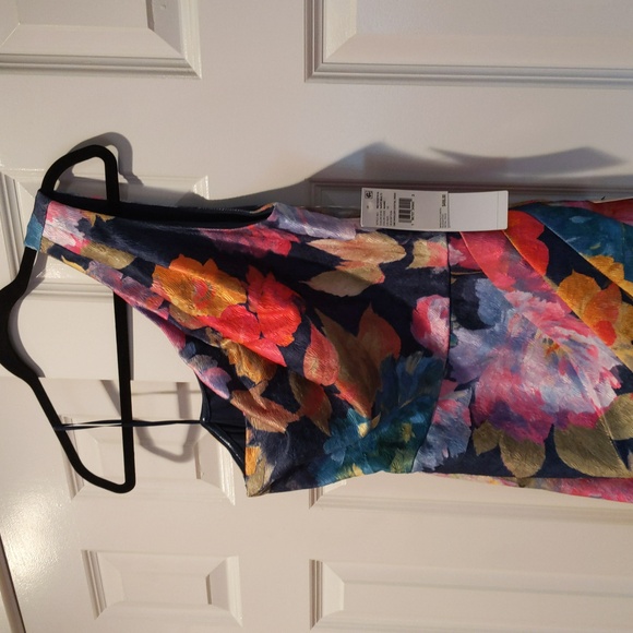 Aidan Mattox One Shoulder Draped Floral Gown With Thigh Slit In Navy Multi - Picture 7 of 14